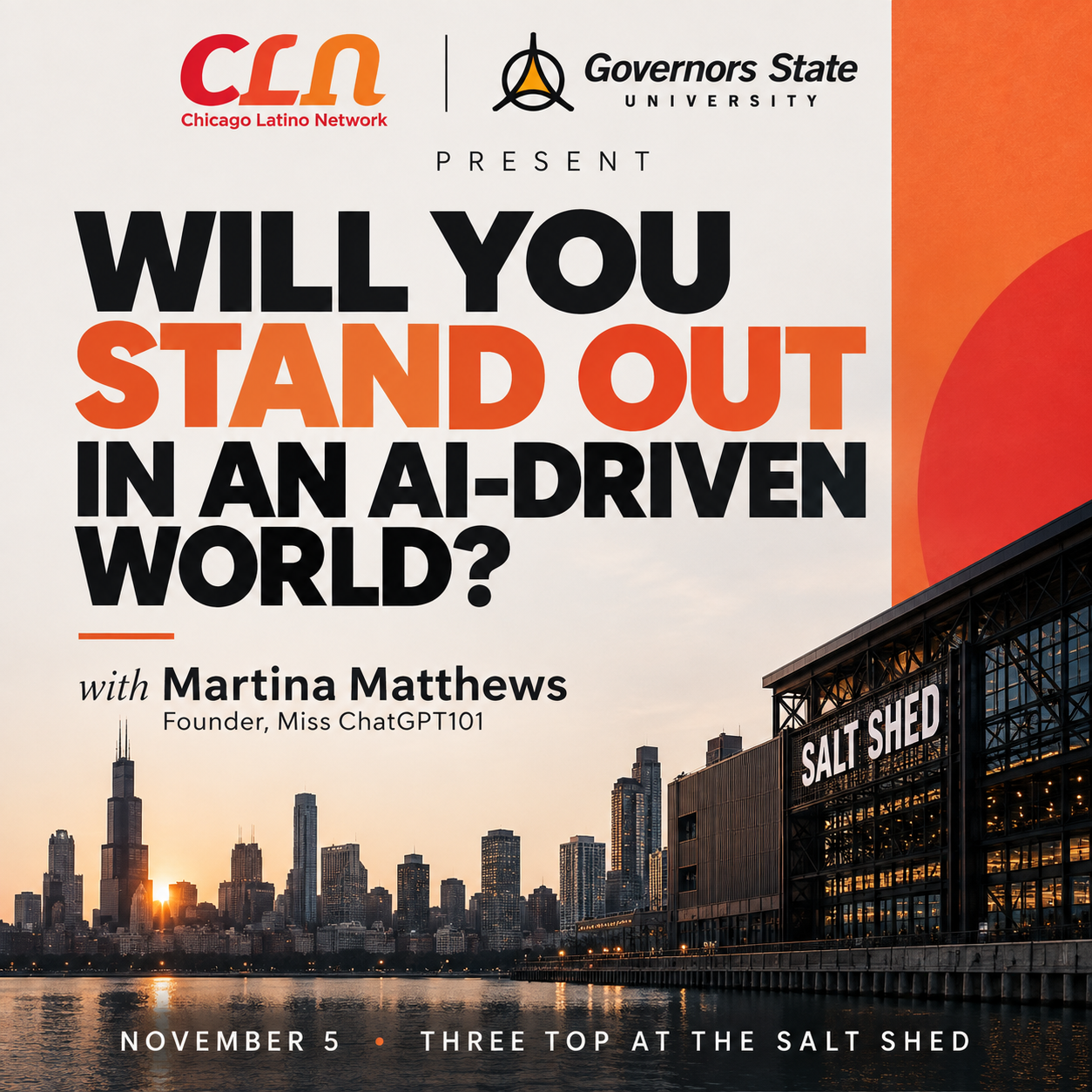 Original orange and black Will You Stand Out in an AI-Driven World event poster
