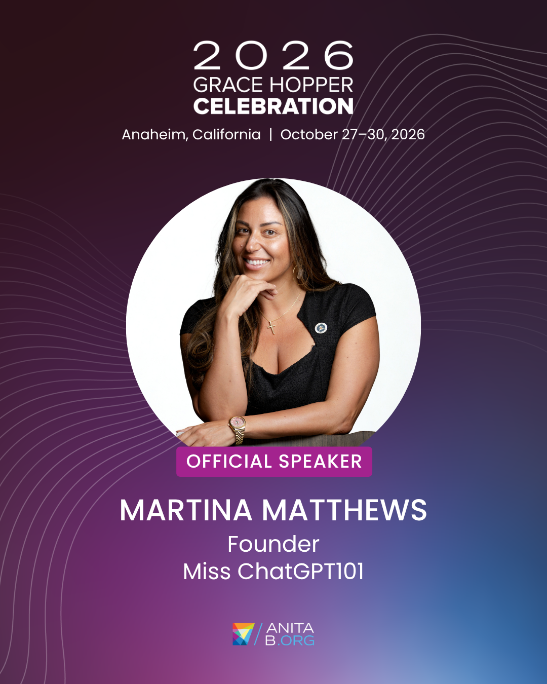 Original purple 2026 Grace Hopper Celebration official speaker poster featuring Martina Matthews