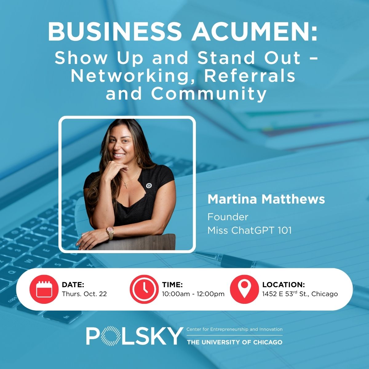 Polsky Exchange Business Acumen event flyer featuring Martina Matthews